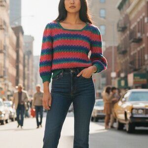 Vintage 70s Georgie Porgie Colorful Zig Zag Cropped Pullover Womens XS Sweater